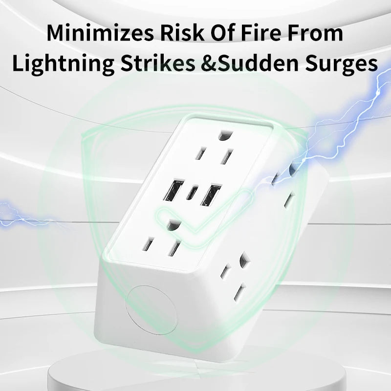 9-In-1 Power Strip with 2 USB Sockets, 1 Type-C Socket, and 6 AC Sockets. Multi-Socket Wall Plug (Power Expander), Small Size,