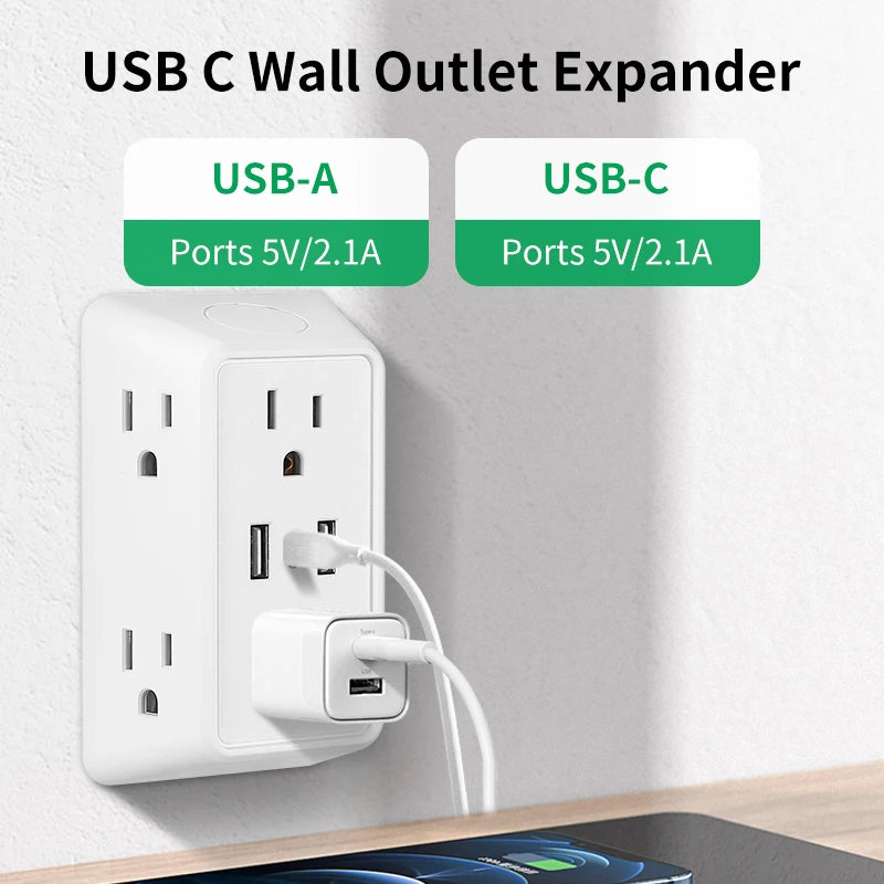 9-In-1 Power Strip with 2 USB Sockets, 1 Type-C Socket, and 6 AC Sockets. Multi-Socket Wall Plug (Power Expander), Small Size,