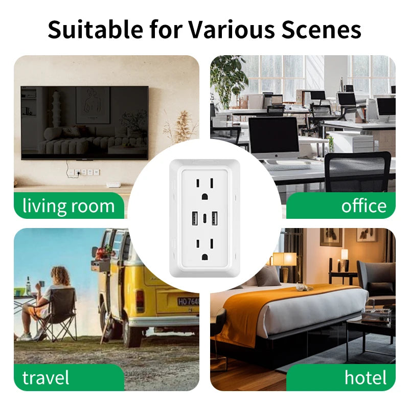 9-In-1 Power Strip with 2 USB Sockets, 1 Type-C Socket, and 6 AC Sockets. Multi-Socket Wall Plug (Power Expander), Small Size,