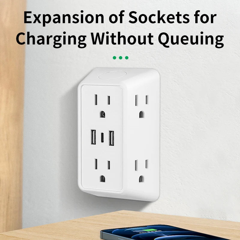9-In-1 Power Strip with 2 USB Sockets, 1 Type-C Socket, and 6 AC Sockets. Multi-Socket Wall Plug (Power Expander), Small Size,