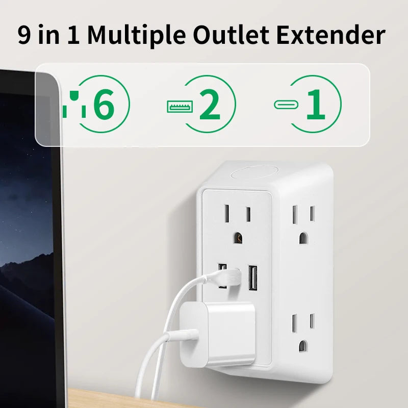 9-In-1 Power Strip with 2 USB Sockets, 1 Type-C Socket, and 6 AC Sockets. Multi-Socket Wall Plug (Power Expander), Small Size,